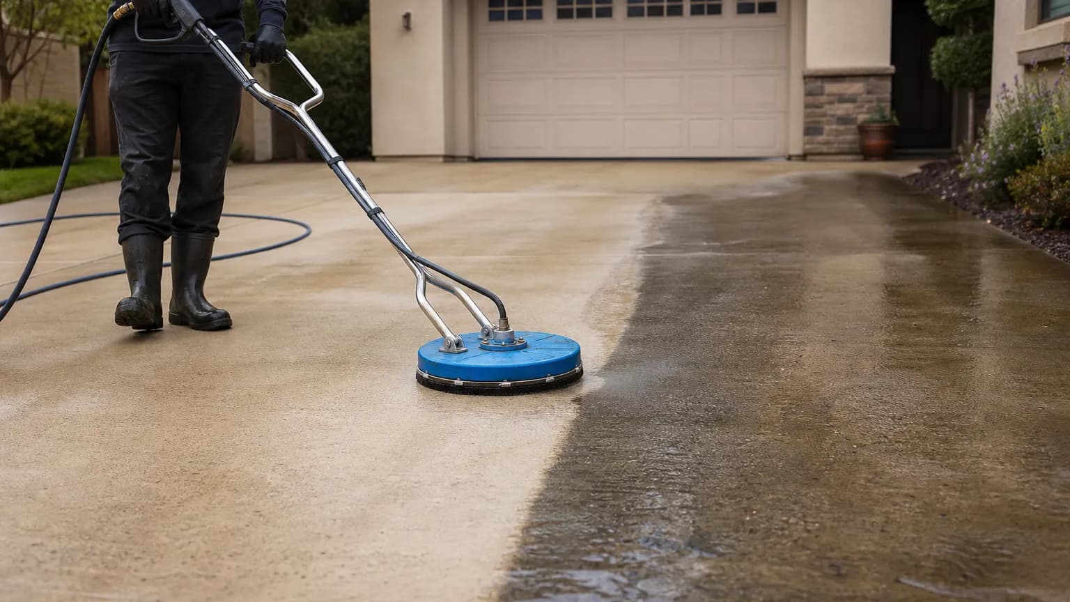 Half cleaned concrete driveway in front of a stucco home, with a surface cleaner leaving a bright clean path beside the darker unwashed concrete