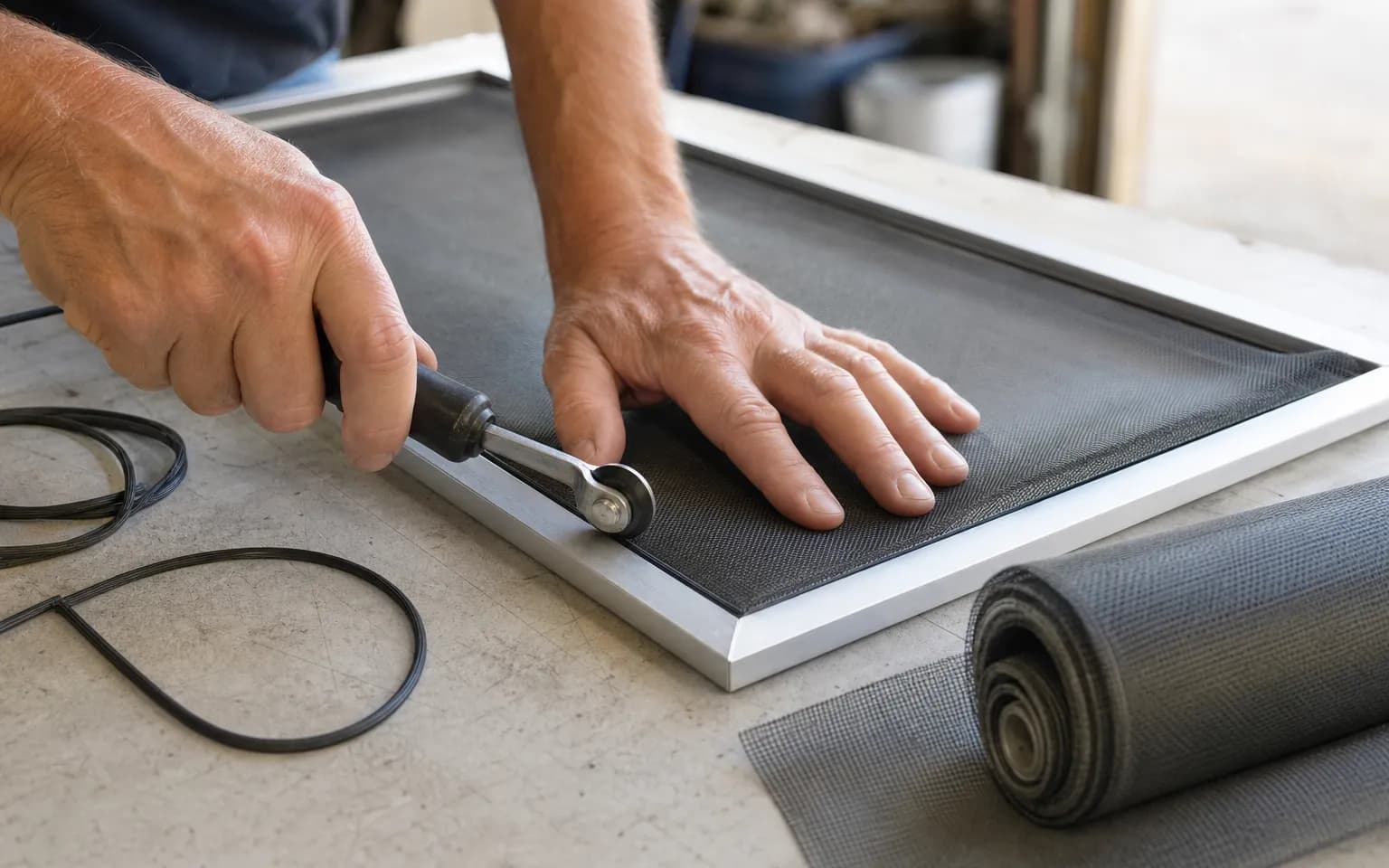 Gloved hands pressing new mesh into an aluminum window screen frame with a spline roller on a workbench