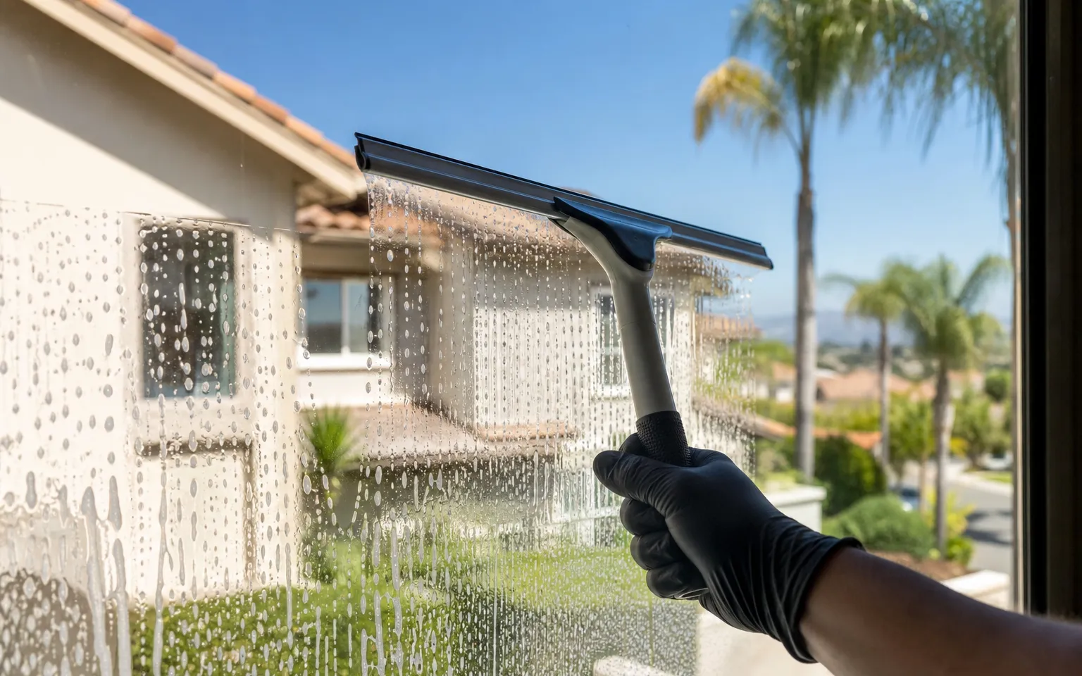 Squeegee drawing a clean path across a soapy residential window pane with a sunny backyard visible through the glass