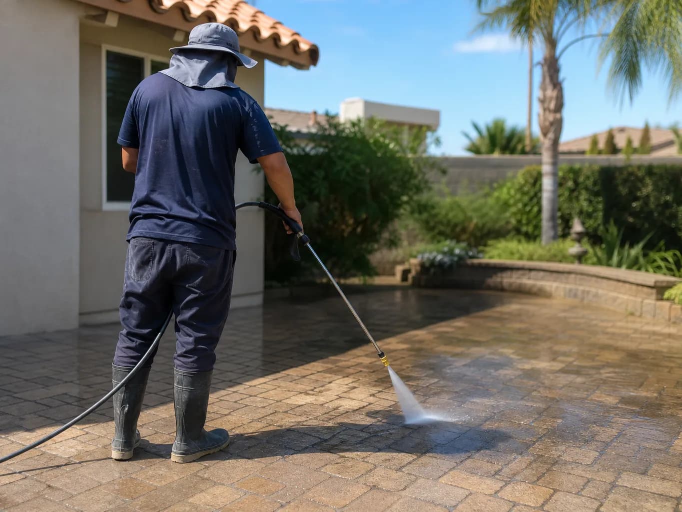 Backyard paver patio being pressure washed, with clean and unwashed sections side by side